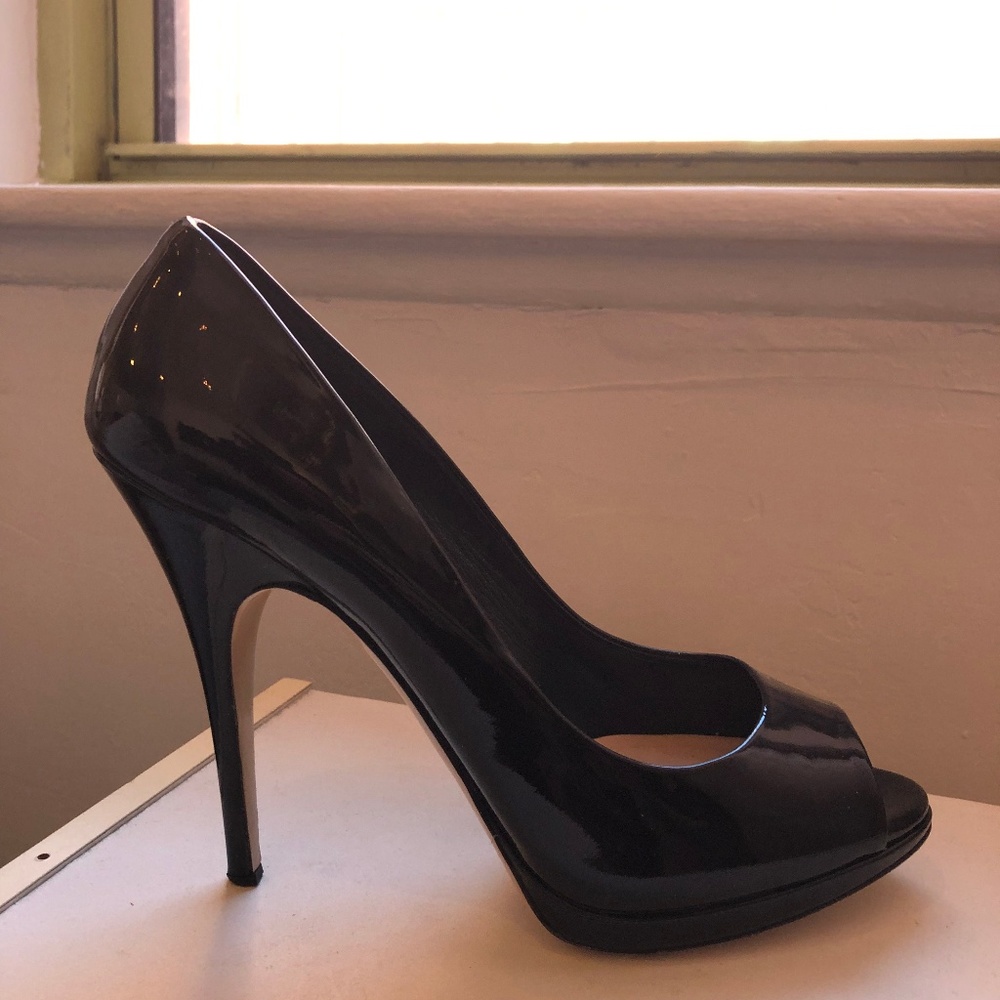 Miu Miu Black Patent Leather Platform Peep Pumps